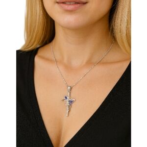 Silver Alloy Hummingbird Cross Pendant Necklace – Blue Enamel Detail, 18" Chain